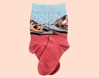 The CREATION OF ADAM fun crew socks - art patterned socks - crazy socks unisex - funky socks women/men - novelty socks - pink blue art socks