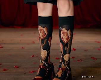 ARTIST'S TULIP Silk Blend Floral Patterned Socks | Black Translucent Knee Height Dress Socks | Whimsical Gotheic Fashion
