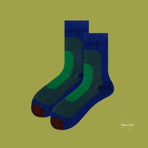 May include: A pair of blue socks with green and dark blue stripes. The socks are made of a soft, comfortable material and are perfect for everyday wear.