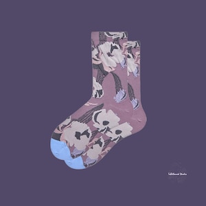 MOONLIT IRIS Purple Jacquard Floral Cotton Socks | Dreamy Flower Art Crew Socks | Romantic Blue Toe Gift Socks For Artists