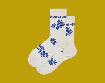 TOILE de JOUY BLUE unisex cotton fun art socks | funky floral pattern socks | unique novelty crew socks | cozy fashion socks | gift idea