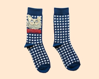 VICTORIAN CAT fun cat art socks | cat pattern socks | funky crazy socks | unique novelty socks | cozy cotton crew socks | gift idea