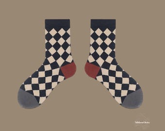 May include: A pair of black and white checkered socks with red accents at the heel. The socks are ankle-length and have a grey toe.