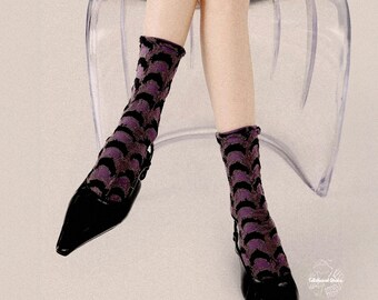 BARONESS BERRY Purple Metallic Scallop Crew Socks | Shimmering Patterned Artisitic Socks