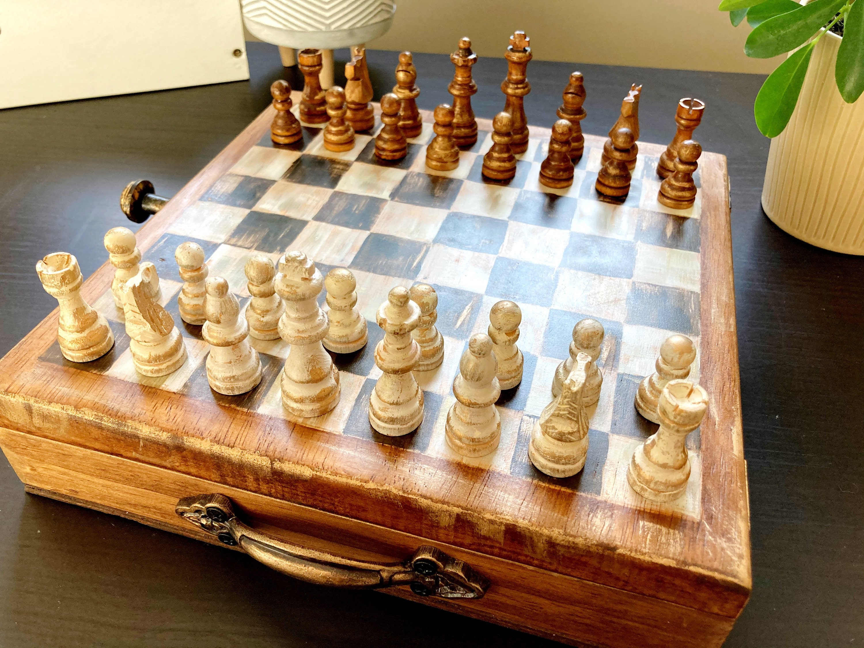 Antiqued chess setChess board and piecesWooden chess board Etsy