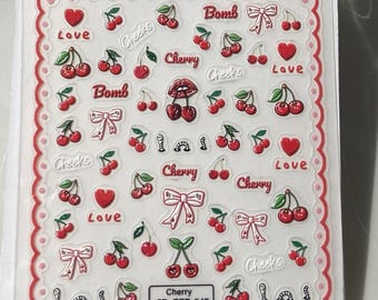 5D Cherry Nail Stickers: Embossed Fruit Nail Art Decals