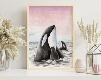 Orcas Skyhopping in Antarctic Snow Sunset Watercolour Illustration Wall Art Print Decor Gift