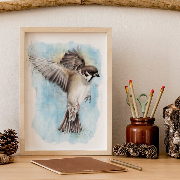 Ilustración de acuarela de pájaro gorrión volador, arte de pared, impresión decorativa, regalo