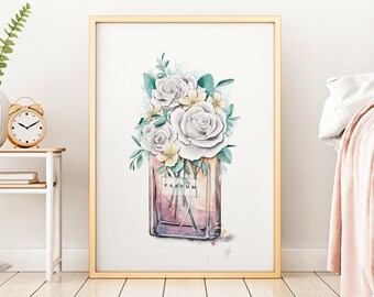 Chic Perfume Bottle Floral Bouquet Botanical Watercolour Pencil Illustration Wall Art Print Decor Gift