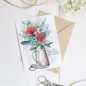 With Deepest Sympathy Handmade Greeting Card Waratah Eucalyptus Flower Bouquet Watercolour Illustration Drawing