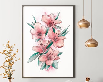 Pink Rhododendron Flowers Floral Watercolour Pencil Illustration Wall Art Print Decor Gift