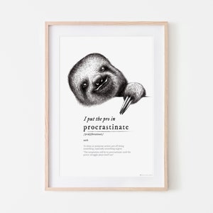 Procrastinate Sloth Dictionary Definition Print: Black & White Illustration (Digital Download)