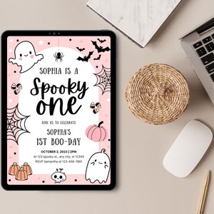 Modèle d’invitation à une fête d’anniversaire d’Halloween mignon Spooky One - Entièrement personnalisable selon vos besoins