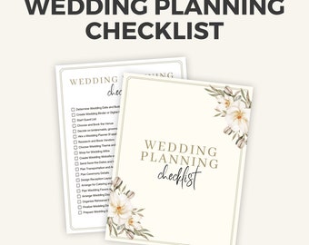 May include: A printable wedding planning checklist with a floral design. The checklist includes tasks such as determining the wedding date, creating a guest list, choosing a venue, and booking vendors.