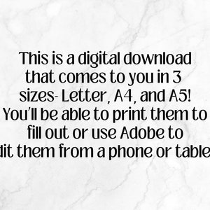 Peut inclure: Texte sur un fond blanc qui dit : "Ceci est un t&eacute;l&eacute;chargement num&eacute;rique qui vous est fourni en 3 tailles - Lettre, A4 et A5 ! Vous pourrez les imprimer pour les remplir ou utiliser Adobe pour les modifier depuis un t&eacute;l&eacute;phone ou une tablette !"