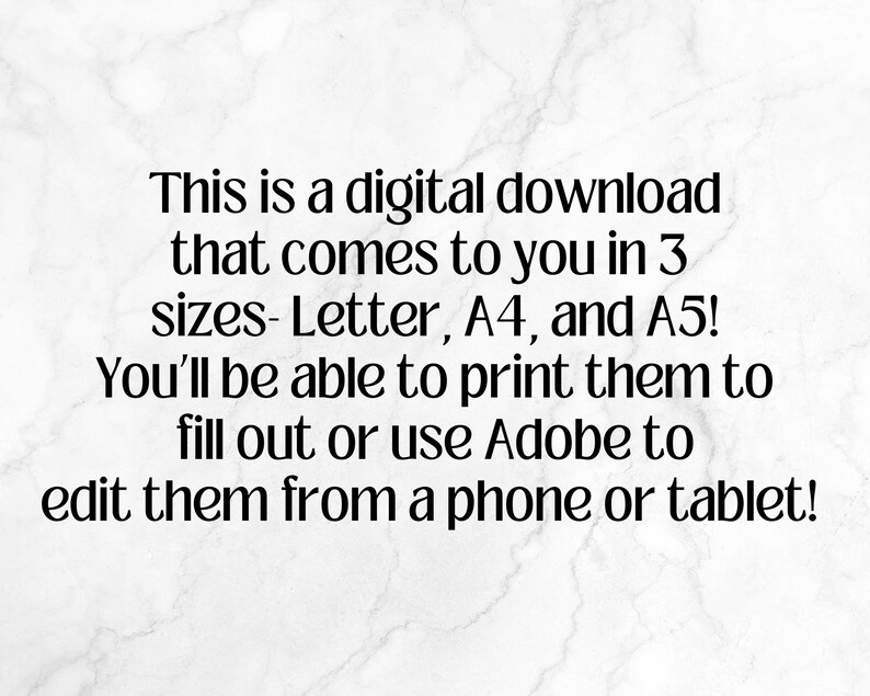 Peut inclure: Texte sur un fond blanc qui dit : "Ceci est un t&eacute;l&eacute;chargement num&eacute;rique qui vous est fourni en 3 tailles - Lettre, A4 et A5 ! Vous pourrez les imprimer pour les remplir ou utiliser Adobe pour les modifier depuis un t&eacute;l&eacute;phone ou une tablette !"