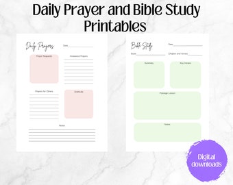 May include: Printable daily prayer and bible study journal pages. The prayer page has sections for prayer requests, answered prayers, prayers for others, and gratitude. The bible study page has sections for the book, chapter and verses, summary, key verses, passage lesson, and notes.