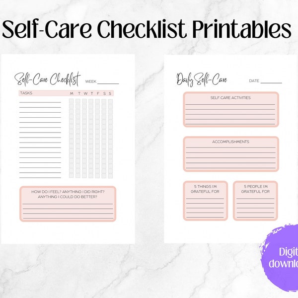 Self-Care Checklist Printables, Daily Wellbeing Pages, Mindfulness Mental Health Kit Planner, Intentional Living Tasks