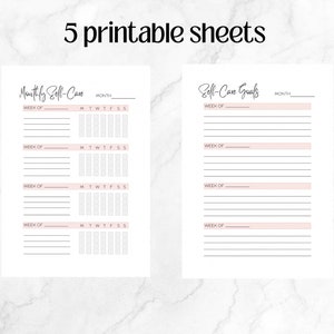 Peut inclure: Feuilles de planificateur de soins personnels imprimables avec des sections pour les objectifs mensuels de soins personnels et les objectifs hebdomadaires de soins personnels. Chaque feuille comprend une grille de calendrier pour suivre les activit&eacute;s quotidiennes.