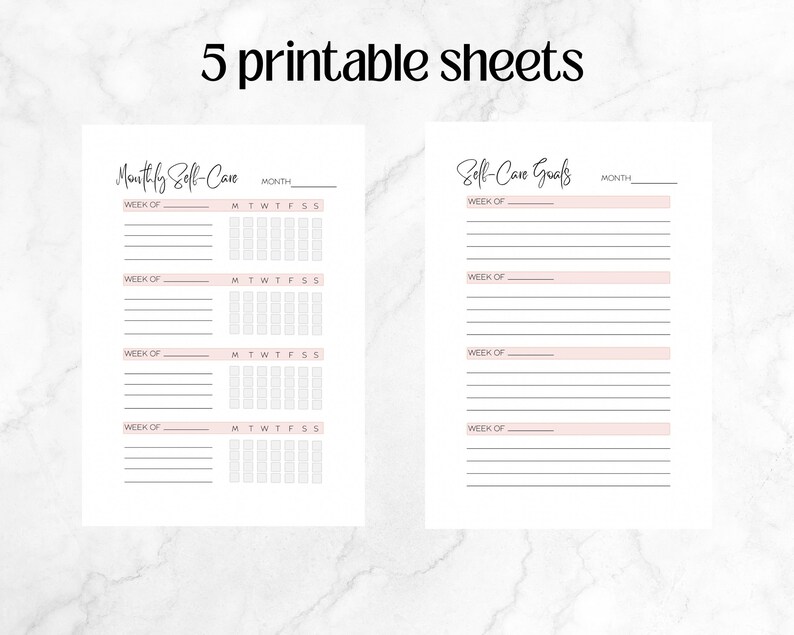 Peut inclure: Feuilles de planificateur de soins personnels imprimables avec des sections pour les objectifs mensuels de soins personnels et les objectifs hebdomadaires de soins personnels. Chaque feuille comprend une grille de calendrier pour suivre les activit&eacute;s quotidiennes.