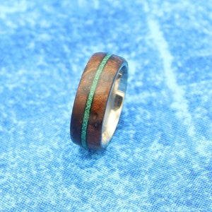 Redwood Burl Wood Ring with Malachite Inlay, Titanium Wood Ring, Wooden Wedding Ring, Handmade Wood Ring, Comfort Fit Titanium Band