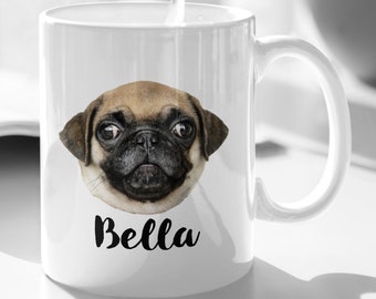 May include: White ceramic mug with a brown and black pug dog face illustration and the name "Bella" printed in black.