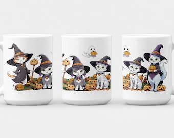 Taza de Halloween, café de gato lindo feliz Halloween, taza de amante de los gatos, taza de fantasma, taza de gato bruja de Halloween, taza de truco o trato, taza de calabaza de Halloween