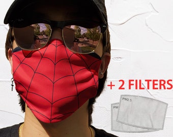 Spider Web Face Mask With TWO Filters and Pocket | Super Hero Mask Washable Reusable Personalized Adjustable Ear Loop| Kids&Adult | 2 Layers