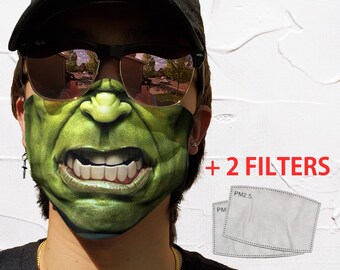Hulk Face Mask With TWO Filters and Pocket | Super Hero Face Mask Washable Reusable Personalized Adjustable Ear Loop| Kids&Adult | 2 Layers
