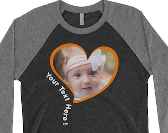 Custom T-shirt, Personal Text and Photo Heart shirt, Unique Artwork, Personalized Gift, Unisex Triblend 3/4 Raglan Sleeve baseball shirts