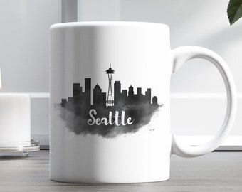 Seattle City Skyline Coffee Mug, Black Watercolor, Washington Mug,  Travel Mug Gift