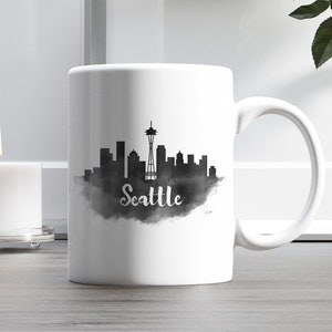 Seattle City Skyline Coffee Mug, Black Watercolor, Washington Mug,  Travel Mug Gift
