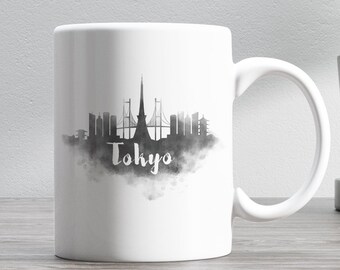 Tokyo Skyline taza de café, taza de café de Japón, acuarela negra, regalo de la taza de viaje