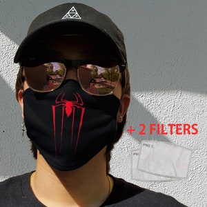 May include: Black face mask with a red Spiderman logo. The mask comes with two PM2.5 filters.