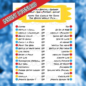 Instant Download Friends Themed Bridal Shower Would She Rather Game,  Printable Digital Friends Theme Party Game Board, Friends Shower Games