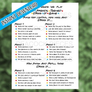 Puede incluir: Un juego de beber imprimible con temática de Friends con seis rondas de instrucciones. Cada ronda tiene una lista de indicaciones con círculos rojos, amarillos y azules a su lado. Las instrucciones son "Beber si..." puedes identificarte con la indicación. El juego se titula "Dónde jugamos Friends Temático Beber Si Juego".