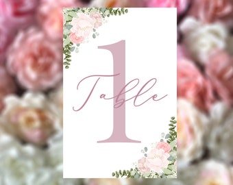 Pink Blush Floral Wedding Table Numbers, Customized, Printable Digital Download Party Event Flower Table Numbers, Classic Event Table Decor