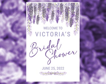 Purple Lilac Wisteria Bridal Shower Welcome Sign, Customized Printable Digital Download Welcome Sign for Canvas or Poster Flower Design