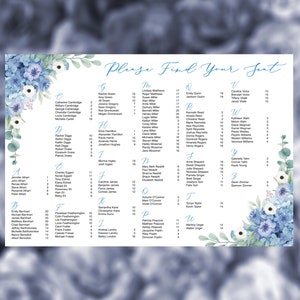 Blauwe bloemen alfabetische volgorde stoelentabel bruiloft, aangepaste afdrukbare blauwe bloem digitale download stoelindeling evenement canvas posters