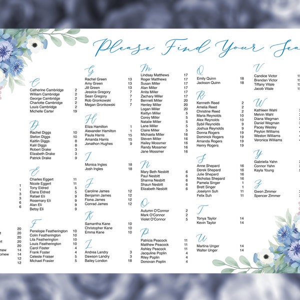 Blue Floral Alphabetical Order Wedding Seating Chart, Customized Printable Blue Flower Digital Download Event Seating Chart Canvas Posters