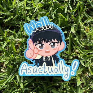 May include: A blue and white sticker with a cartoon character saying "Well, actually!" The character is wearing a black hat and a white shirt with a black bow tie.