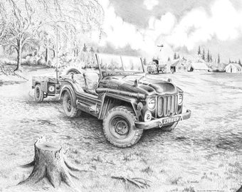 Vintage classic art print from original water colour ideal gift for your man, Dad, man cave of Austin Champ military 4wd