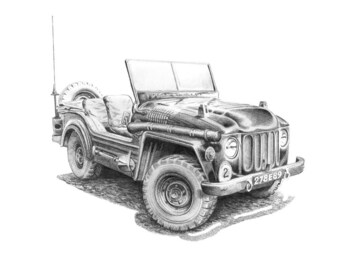 Vintage classic art print from original water colour ideal gift for your man, Dad, man cave of Austin Champ military 4wd