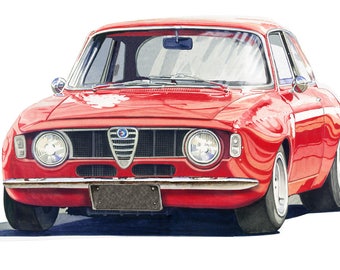 Vintage classic art print from original water colour ideal gift for your man, Dad, man cave of Alfa Romeo GTA Tourer red