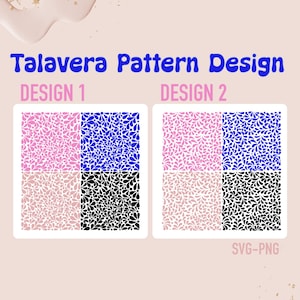 May include: Image featuring two designs of the Talavera pattern. Design 1 includes pink, blue, and black patterns. Design 2 mirrors the patterns. The text "Talavera Pattern Design" is at the top, with "Design 1" and "Design 2" below. The bottom right corner has "SVG-PNG".
