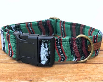 The "Pensacola" Green & Red Striped Boho Ikat Dog Collar * Hand woven cotton from Guatemala