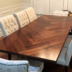 Stunning Herringbone Walnut Dining Table with Metal Legs