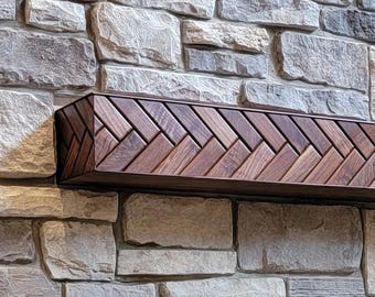 Walnut Fireplace Mantel & Floating Shelf, Solid Walnut Herringbone, Unique Floating Mantle, Wood Fireplace Mantel Shelf, Floating Tv Unit