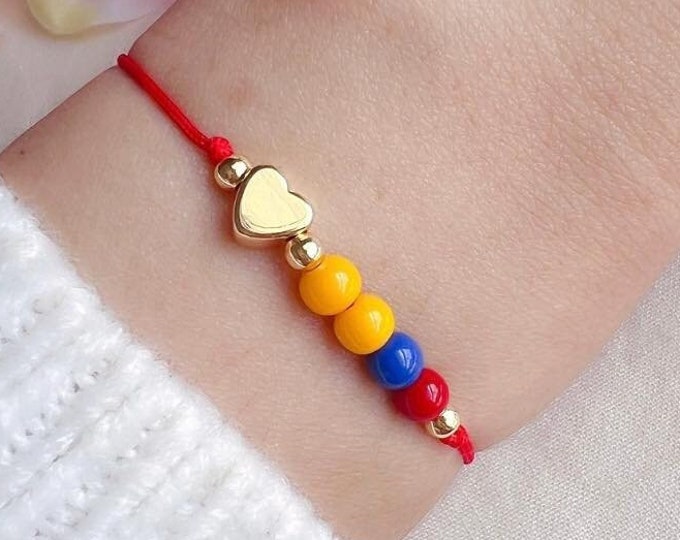 Colombian Flag Bracelet: Glass Beads, 18k Gold-Plated Heart Charm