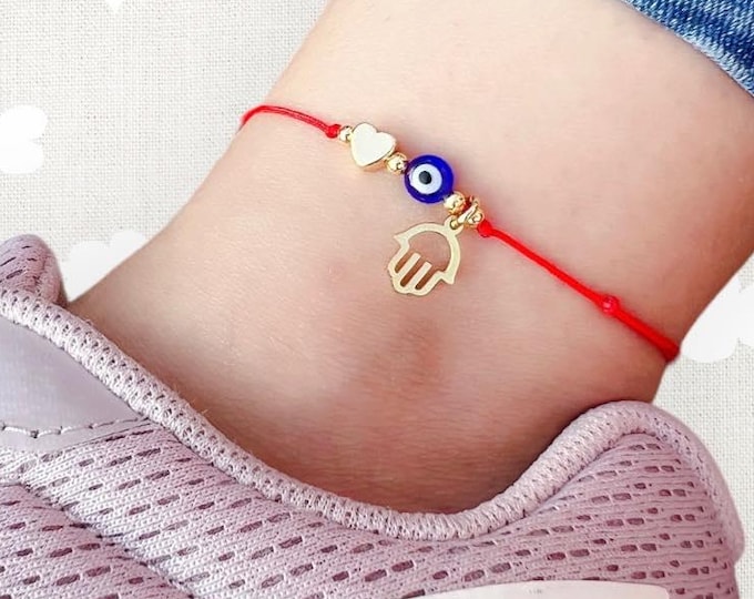 Red String Evil Eye Anklet with Hamsa Charm and Heart, Adjustable Nylon Cord.